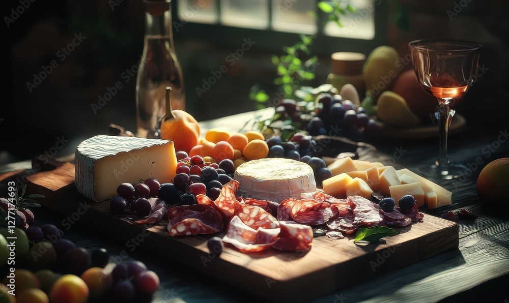 Fresh charcuterie board with artisanal cheese, cured meats, and vibrant fruits styled on a wooden surface, illuminated by natural light for a cozy presentation, Fresh charcuterie board with artisanal cheese, cured meats, and vibrant fruits styled on a wooden surface, illuminated by natural light for a cozy presentation,