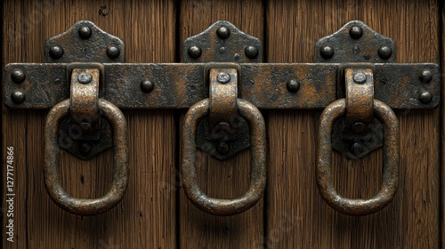 Aged iron latches on weathered wooden doors photo