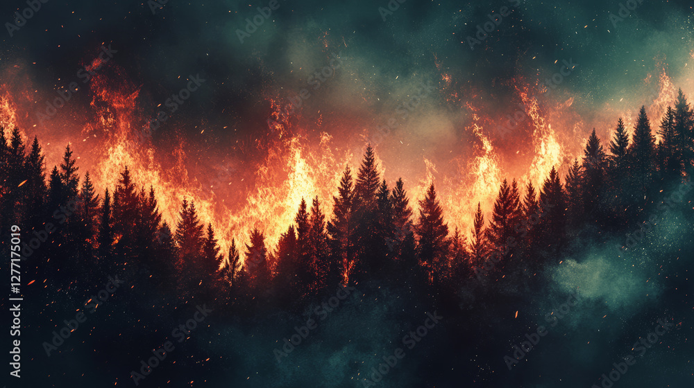 Naklejka premium Massive wildfire engulfing a dense forest with thick smoke and blazing flames, highlighting environmental destruction and climate crisis.