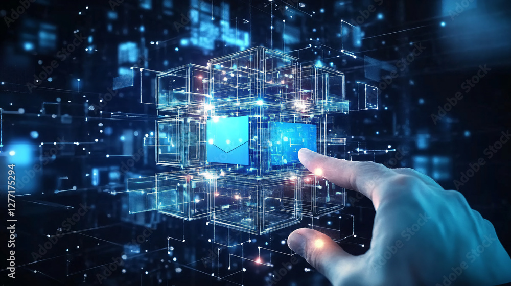 Abstract virtual blockchain technology concept of a hand of businessman finger touching at virtual reality glowing blue smart blockchain cube, data flow on a background, digital blocks Abstract virtual blockchain technology concept of a hand of businessman finger touching at virtual reality glowing blue smart blockchain cube, data flow on a background, digital blocks