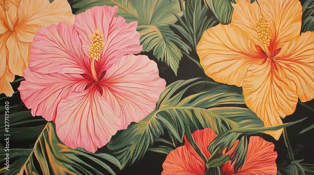 Close-up of three large pink hibiscus flowers with yellow stamens. the flowers are arranged in a symmetrical pattern, with the largest flower in the center and two smaller ones on either side. Close-up of three large pink hibiscus flowers with yellow stamens. the flowers are arranged in a symmetrical pattern, with the largest flower in the center and two smaller ones on either side.