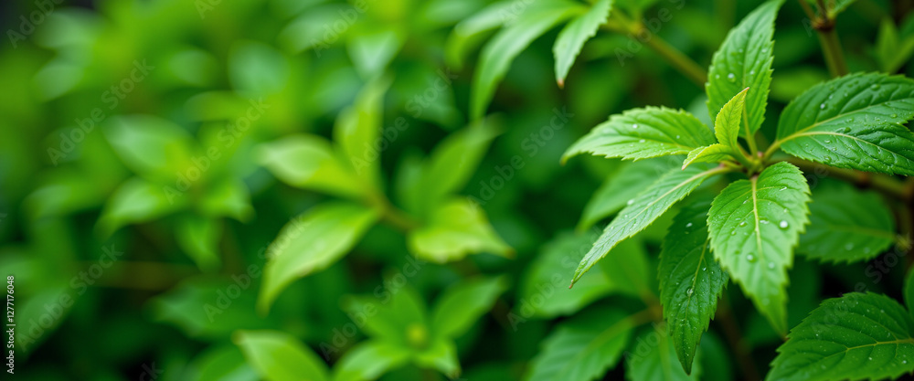 Fresh green leaves with droplets of water, conveying a feeling of vitality and renewal, representing nature's beauty amidst a lush background Fresh green leaves with droplets of water, conveying a feeling of vitality and renewal, representing nature's beauty amidst a lush background