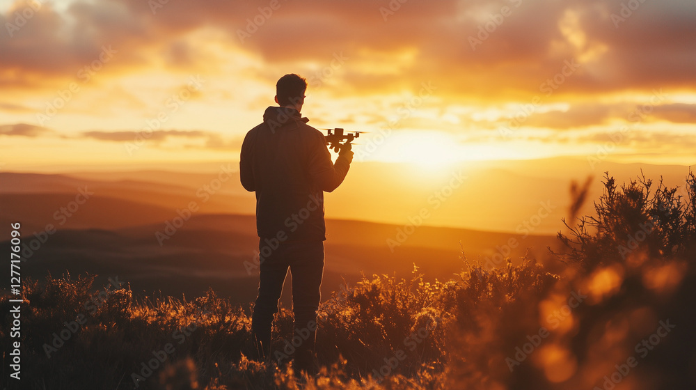 Fototapeta premium Silhouette Man Sunset Landscape Photography Golden Hour Nature View