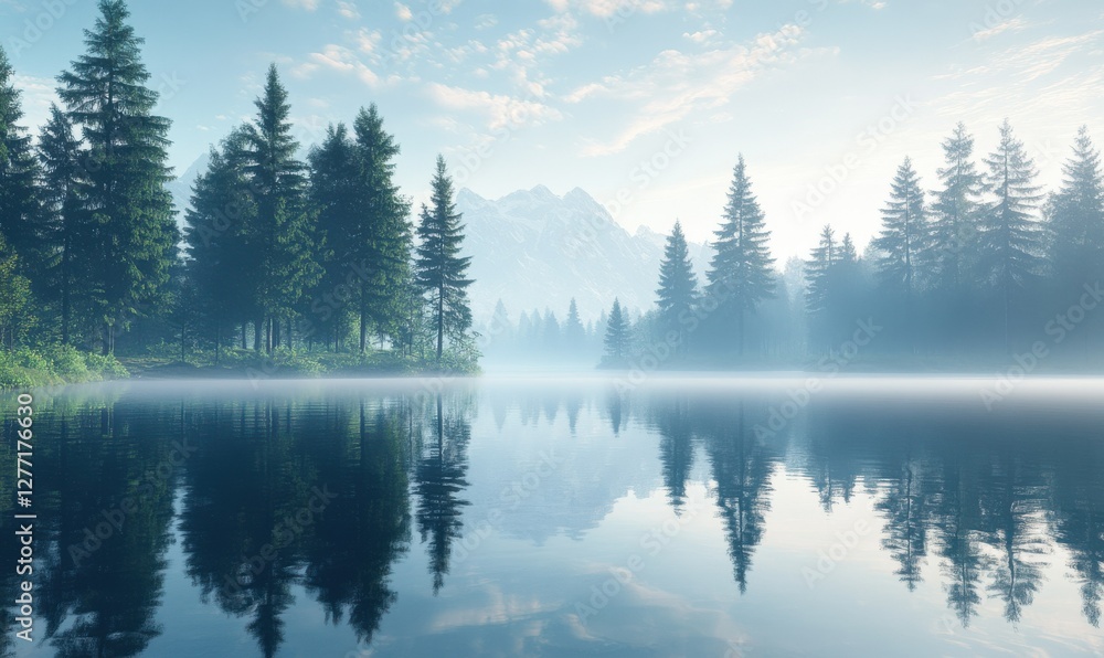 Serene lake reflects pine trees under a misty morning sky. Serene lake reflects pine trees under a misty morning sky.