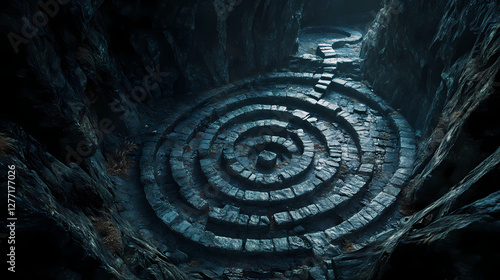 An intricate stone labyrinth reveals a mesmerizing spiral design, evoking mystery and a sense of adventure in a dark ambiance. Dreamlike Labyrinth Passage. Illustration