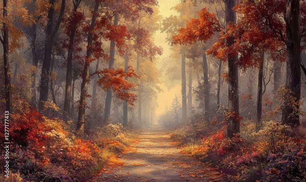 Peaceful forest path blanketed in vibrant autumn leaves, with towering trees displaying shades of red, orange, and yellow under soft morning light, serene journey. Peaceful forest path blanketed in vibrant autumn leaves, with towering trees displaying shades of red, orange, and yellow under soft morning light, serene journey.