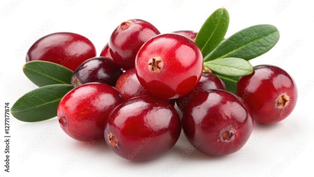 Cranberries with Leaves on White Background Cranberries with Leaves on White Background