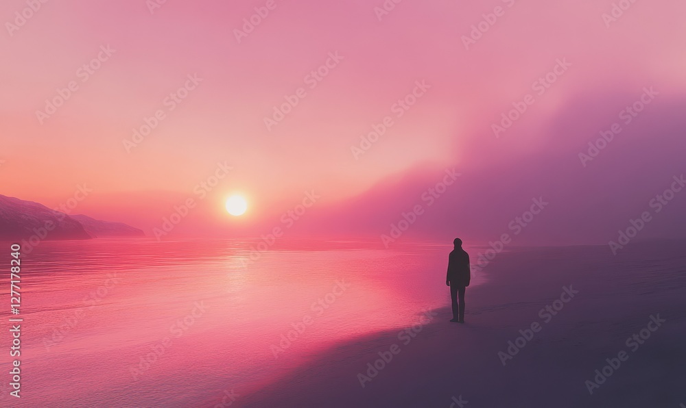 Scenic sunset at a beach with a silhouette of a person standing by the water, soft pink and orange hues blending into the horizo. Scenic sunset at a beach with a silhouette of a person standing by the water, soft pink and orange hues blending into the horizo.