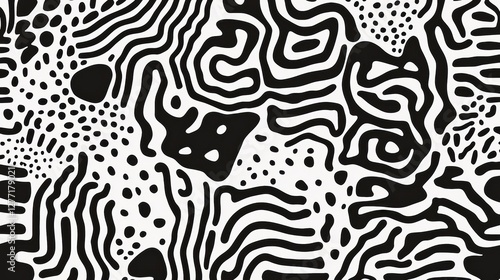 Black and white abstract pattern with a repeating design. the pattern is made up of various shapes and lines that create a sense of depth and dimension.