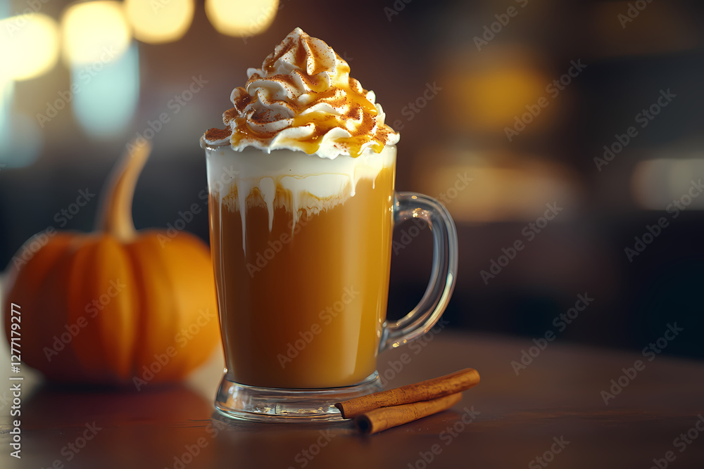 Pumpkin Spice Latte: An inviting shot of a pumpkin spice latte, beautifully presented with whipped cream and caramel drizzle, alongside a whole pumpkin and cinnamon sticks. Pumpkin Spice Latte: An inviting shot of a pumpkin spice latte, beautifully presented with whipped cream and caramel drizzle, alongside a whole pumpkin and cinnamon sticks.