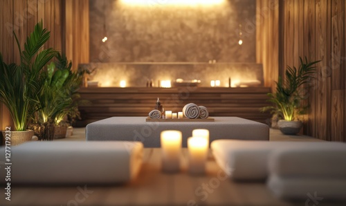 Serene spa interior with neutral tones, wooden accents, and softly glowing candles enhancing the calm, tranquil atmospher photo