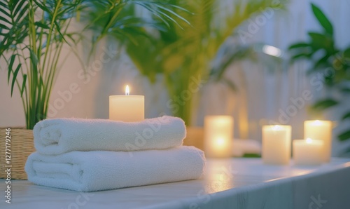 Serene spa scene with soft towels, aromatic candles, and green plants arranged for a calming atmospher photo