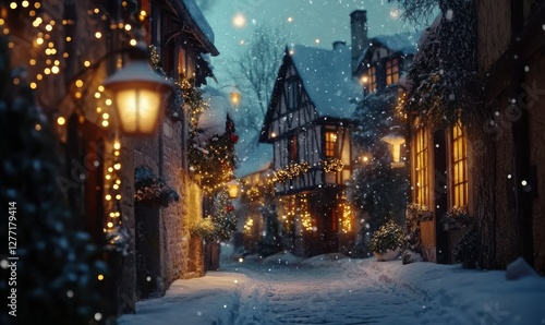 Snow-covered village street lit by warm lanterns, charming houses decorated for the holiday season, and soft flakes falling gentl photo