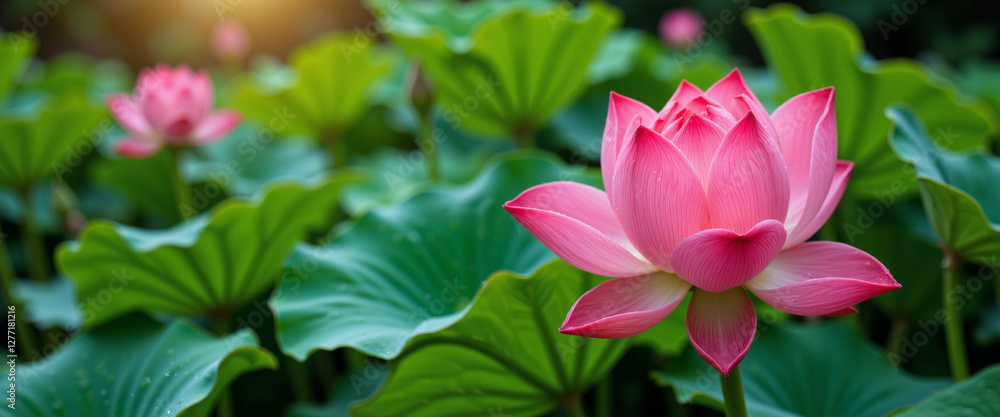 Pink lotus flower blooming gracefully above large green leaves in a tranquil garden atmosphere Pink lotus flower blooming gracefully above large green leaves in a tranquil garden atmosphere