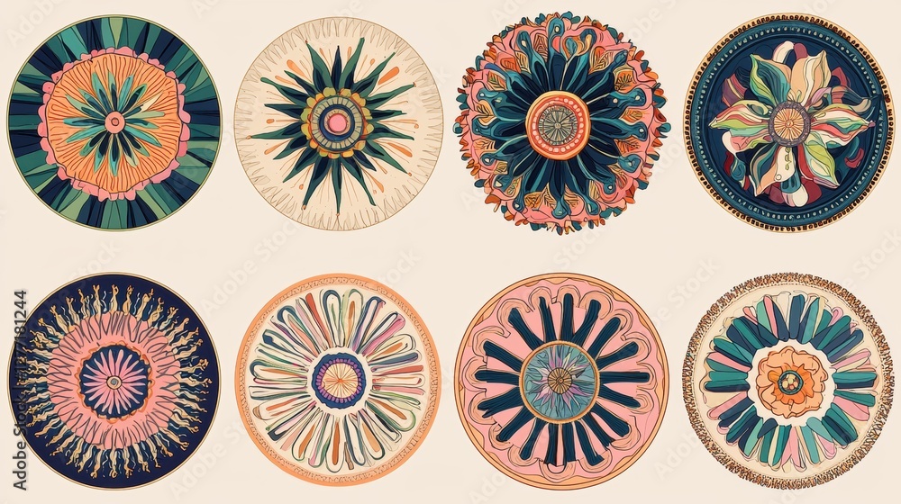 Set of six circular designs in different colors and patterns. each design is circular in shape and has a unique and intricate design. Set of six circular designs in different colors and patterns. each design is circular in shape and has a unique and intricate design.