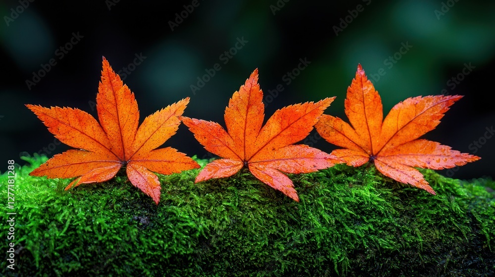 Autumn maple leaves on mossy log, vibrant colors, blurred background. Possible use nature backdrop Autumn maple leaves on mossy log, vibrant colors, blurred background. Possible use nature backdrop