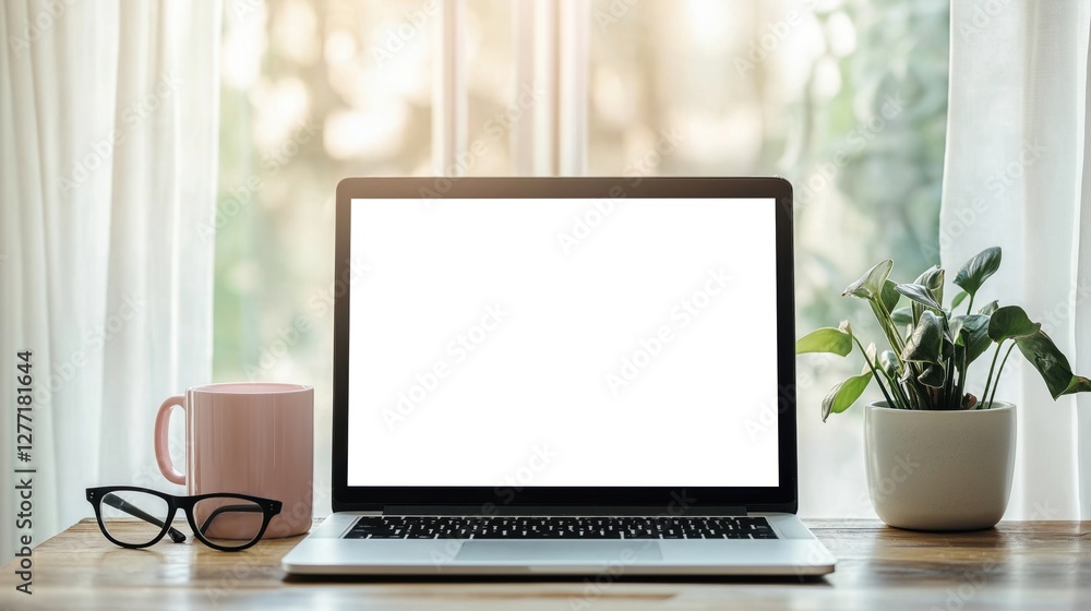 Fototapeta premium laptop computer with a blank white screen on a wooden desk. 