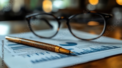 Wallpaper Mural Close-up of eyeglasses and a pen on a report, highlighting data analysis in a cozy workspace Torontodigital.ca
