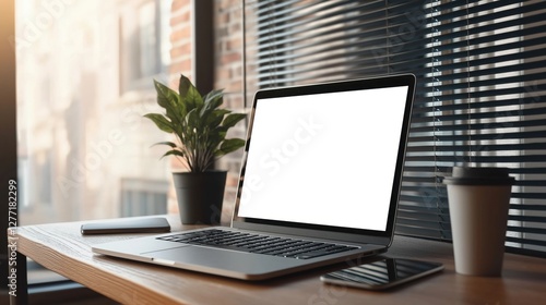 Wallpaper Mural laptop computer with a blank white screen on a wooden desk.  Torontodigital.ca