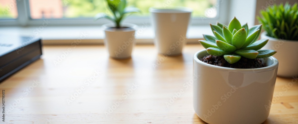 Green succulent plants in white pots creating a serene and calming atmosphere on a wooden desk by a sunny window Green succulent plants in white pots creating a serene and calming atmosphere on a wooden desk by a sunny window