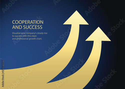 two golden curved business arrow going up in the same directions show cooperation, competition, progress and profit