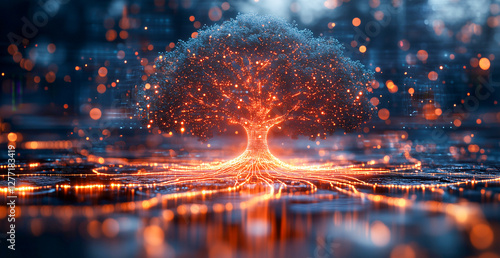 Futuristic electronic tree with glowing circuits and neural connections symbolizing artificial intelligence, innovation, and digital evolution in a high-tech environment with a sci-fi aesthetic.