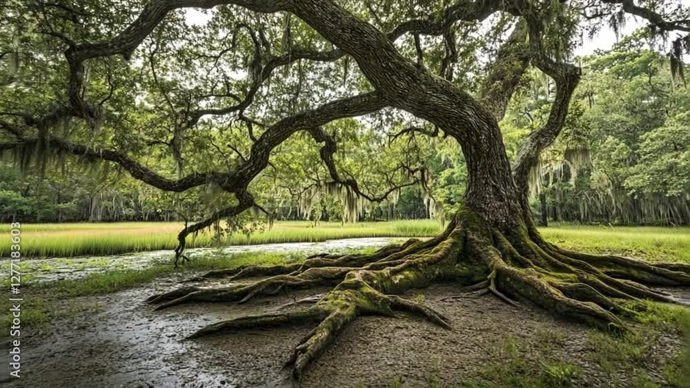 an ancient, sprawling tree with thick, gnarled roots twisting over mossy ground in a serene forest an ancient, sprawling tree with thick, gnarled roots twisting over mossy ground in a serene forest