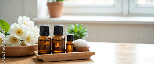 Essential oil bottles alongside natural decor in a calming indoor setting, promoting a serene atmosphere for relaxation and well-being