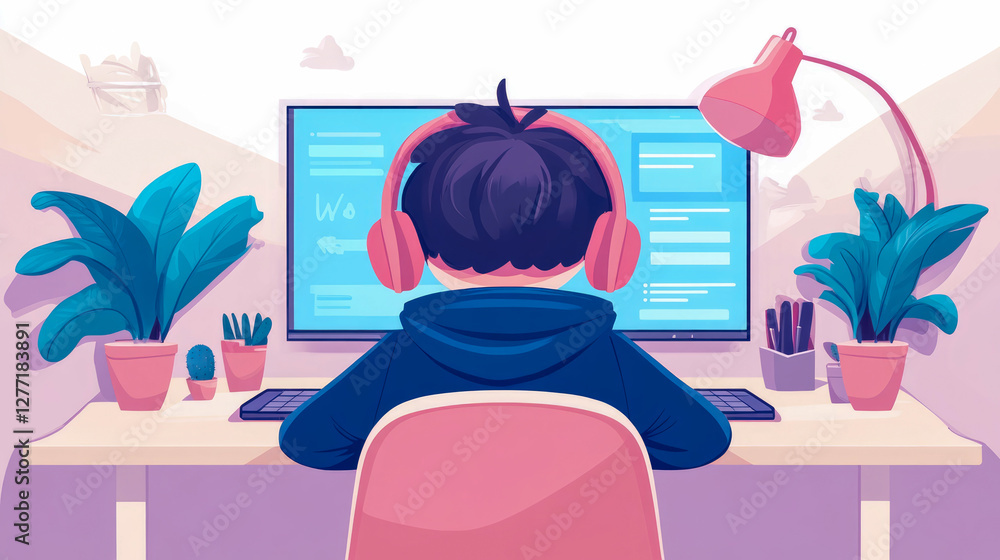 Obraz premium Work from Home, Boy with Headphone, Online Studying, Back View, Workplace with Computer and Plants