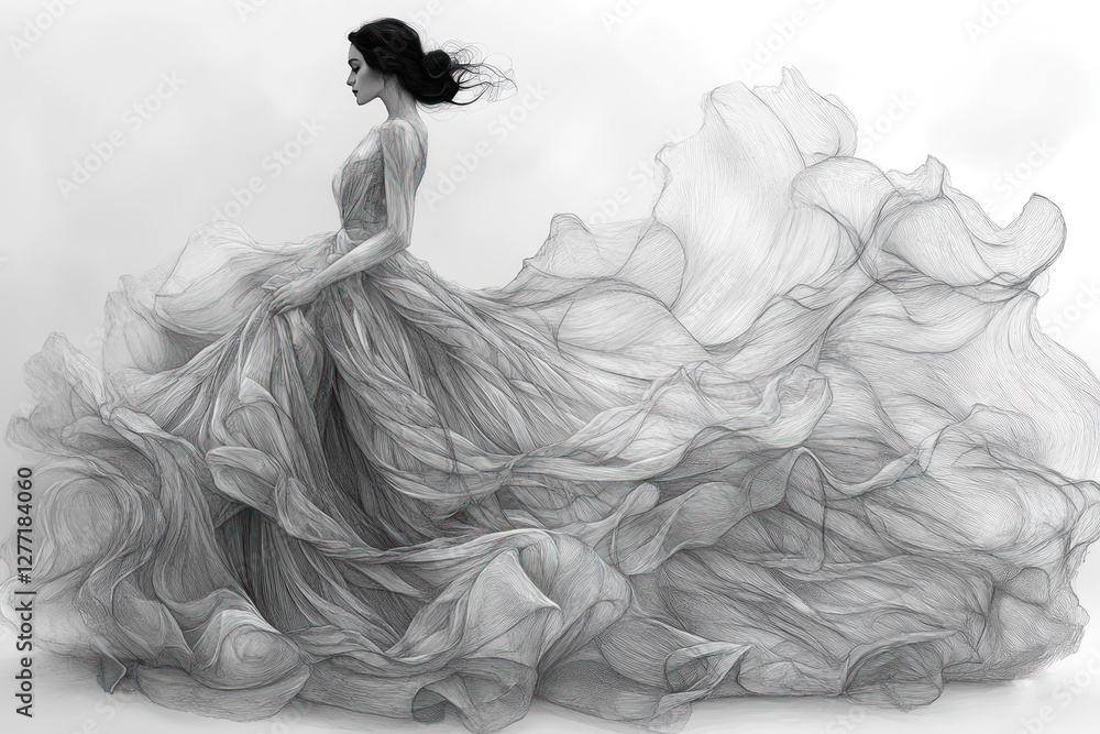 Fototapeta premium an elegant woman in a flowing dress, made in thin, as if sketched with a pencil, lines. 