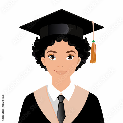 Graduate with curly hair looking at camera in academic attire. Calm and pleasant expression against white background. Concept: education, diversity, achievement.