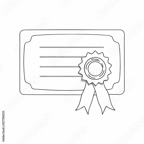 Simple line drawing of certificate with decorative seal and ribbon detail. Clean black and white minimalist design. Concept: achievement recognition, graduation, certification