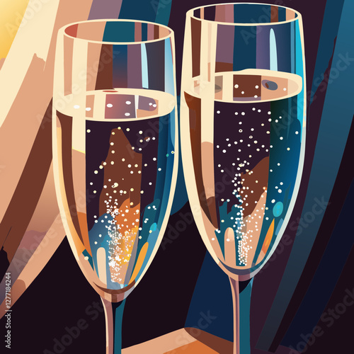 Champagne flutes with sparkling wine against abstract shapes. Mid-century modern style with earth tones and deep blues. Holiday: New Year's Eve. Concept: luxury dining, celebration