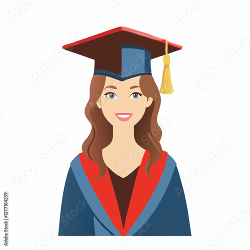 Smiling female graduate in cap and gown looking at the camera, clean flat vector style. Concept: graduation portrait, academic success, university completion.
