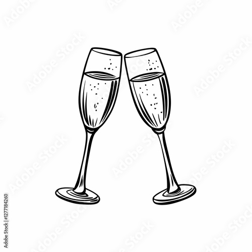 Two champagne flutes clink in celebratory toast. Vintage etching style with elegant linework. Holiday occasions: New Year's Eve, weddings, anniversaries. Concept: celebration, luxury events