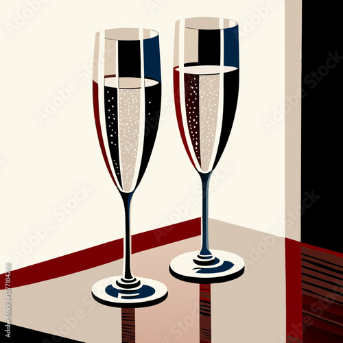 Retro-styled champagne flutes reflect celebration mood. Mid-century modern design elements frame sparkling beverage. Perfect for New Year's. Concept: hospitality, events, celebrations