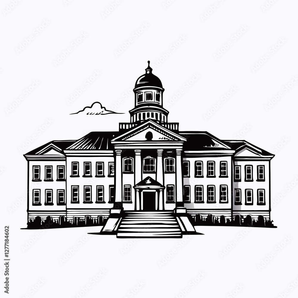 Woodcut-style illustration of courthouse with dome and cloud. Black and white neoclassical architecture with simple details. Historic mood. Concept: legal services, heritage site, civic institution Woodcut-style illustration of courthouse with dome and cloud. Black and white neoclassical architecture with simple details. Historic mood. Concept: legal services, heritage site, civic institution