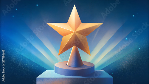 Brilliant golden star trophy radiates light against starry blue backdrop. Prestigious award sits atop dark pedestal. Concept: Awards ceremony, Achievement recognition