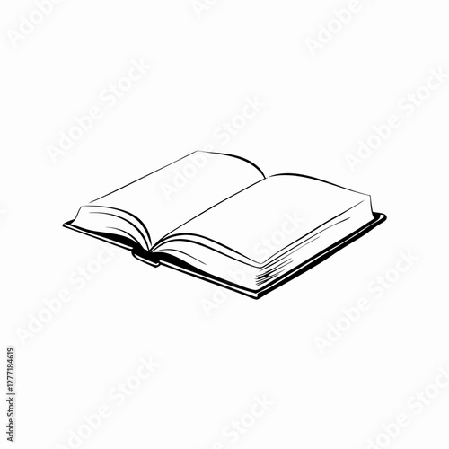 Simple line drawing of open book with blank pages. Minimalist sketch shows book resting on surface. Clean design with copy space. Concept: education, publishing, libraries