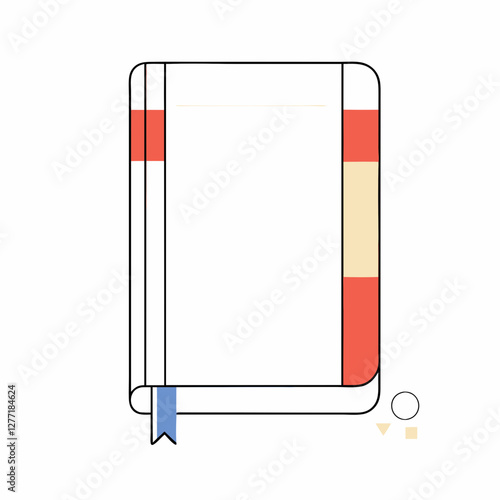 Minimalist illustration of closed book with striped spine. Blue ribbon bookmark and decorative shapes. Clean design style. Concept: publishing, education, literature