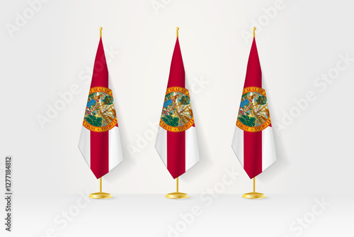 Three Florida flags in a row on a golden stand, illustration of press conference and other meetings.