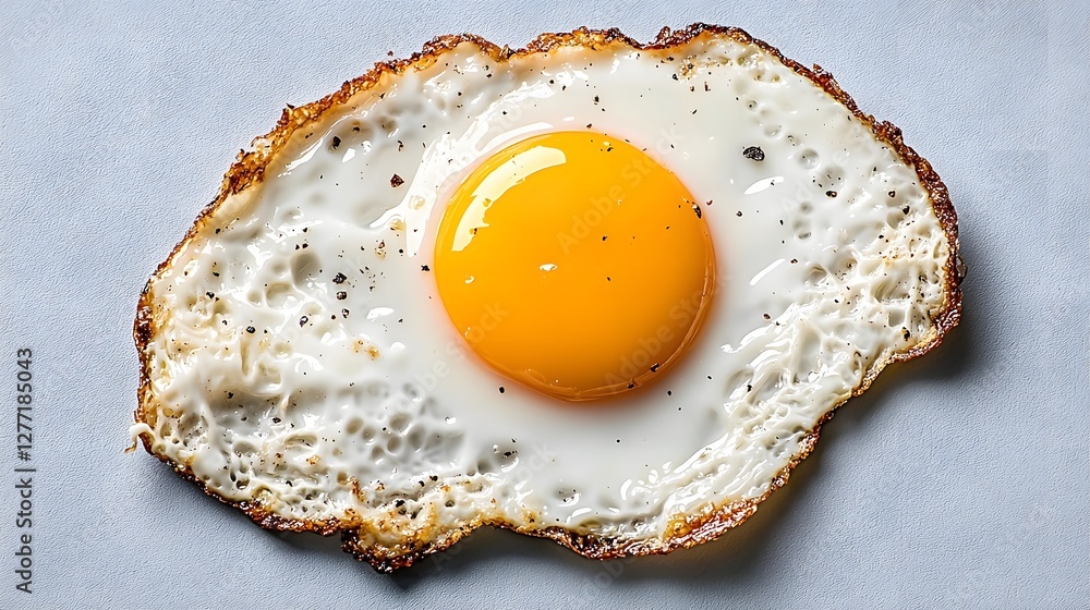 Closeup image of a freshly fried egg with a slightly runny and golden colored yolk placed on a white background The egg is cooked to perfection with a crispy outer edge and a soft gooey center Closeup image of a freshly fried egg with a slightly runny and golden colored yolk placed on a white background The egg is cooked to perfection with a crispy outer edge and a soft gooey center