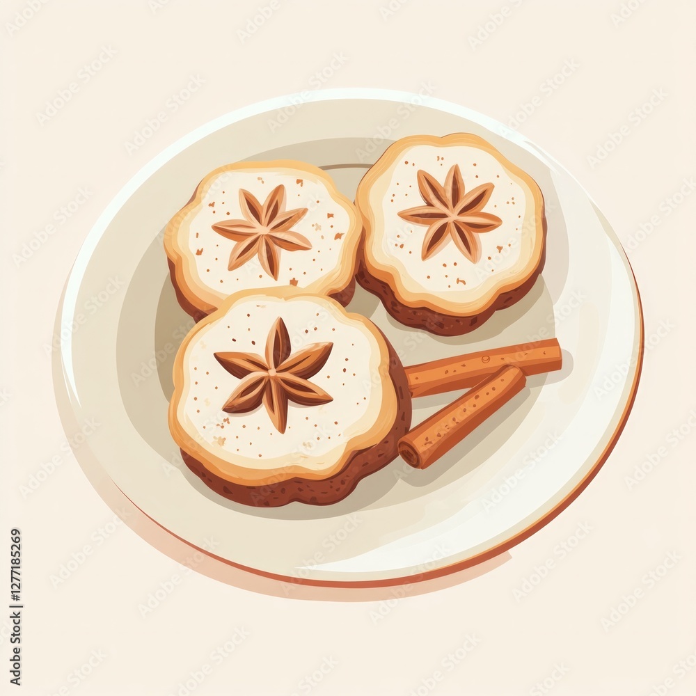Star anise biscuits with cinnamon sticks on a white plate - a delicate delight Star anise biscuits with cinnamon sticks on a white plate - a delicate delight