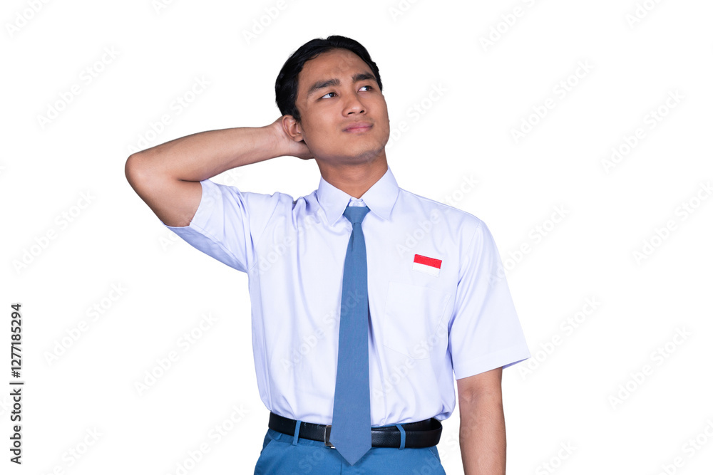 Fototapeta premium Indonesian Male High School Student in Uniform Thinking or Confused Isolated Transparent