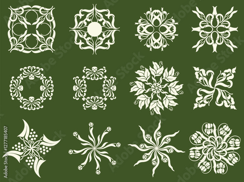A set of vintage retro floral leafy Spring flower design icons. 