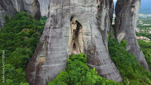 Drone view of Monastery and Meteora rocks in Meteora, Greece
