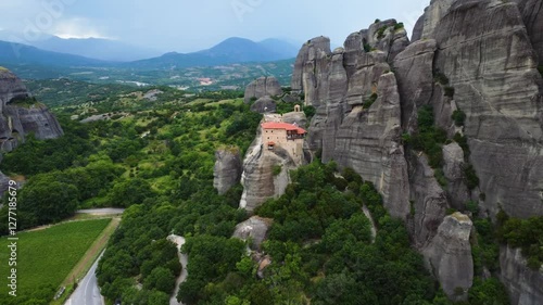 Drone view of Monastery and Meteora rocks in Meteora, Greece