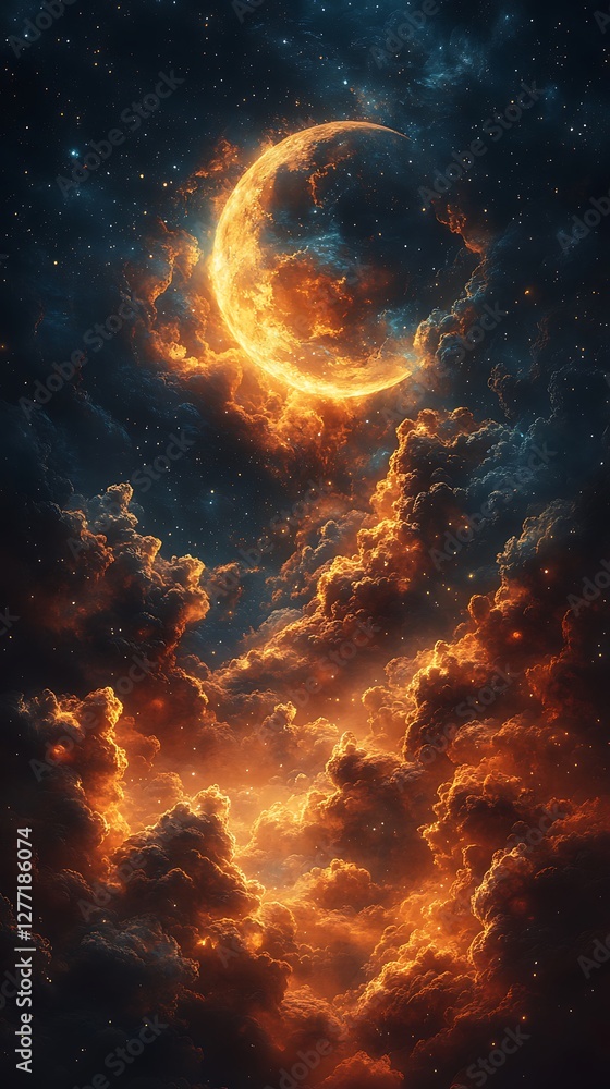 Obraz premium Breathtaking Fantasy Night Sky with Fiery Crescent Moon Photo