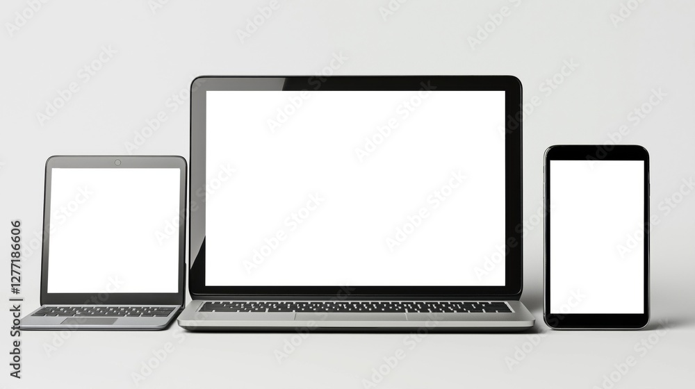 closeup three electronic devices - a laptop, a tablet, and a smartphone - arranged in a horizontal line. The laptop is on the left side of the image, the tablet is in the center, and the smartphone closeup three electronic devices - a laptop, a tablet, and a smartphone - arranged in a horizontal line. The laptop is on the left side of the image, the tablet is in the center, and the smartphone