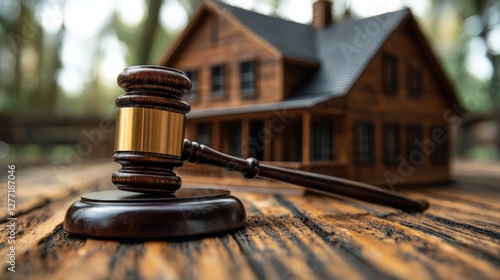 Wooden gavel resting on a table in front of a miniature house, symbolizing real estate law